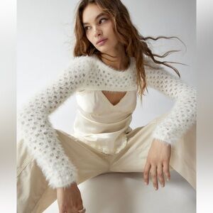 UO White Fuzzy Crochet Shrug Sweater